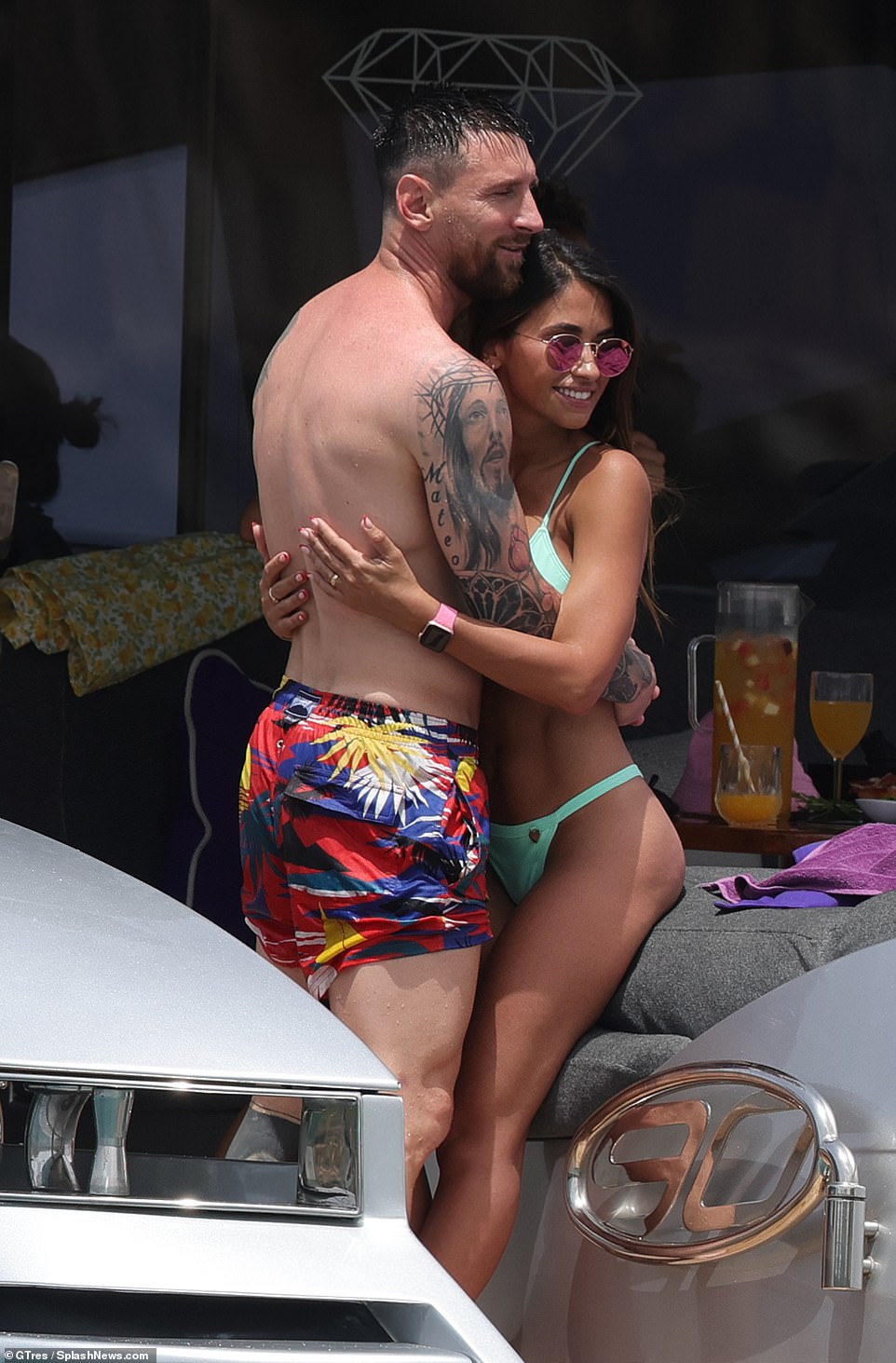 Holiday: Lionel Messi and his wife Antonela Roccuzzo appeared in good spirits as they enjoyed a yacht trip alongside Cesc Fabregas and his wife Daniella Semaan in Ibiza on Monday