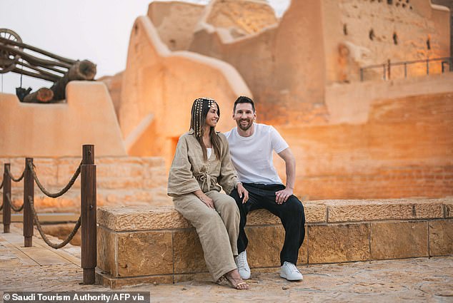 The 35-year-old (pictured alongside Antonela) signed a £25m-a-year deal with Saudi Arabia last year to become a tourism ambassador